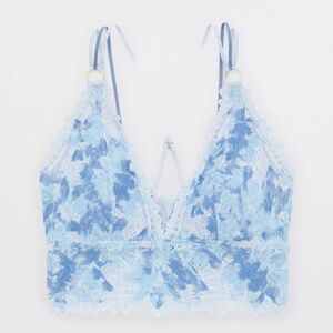 Aerie Sunkissed Lace Padded Plunge Bralette, Eyelet Blue , Size SMALL